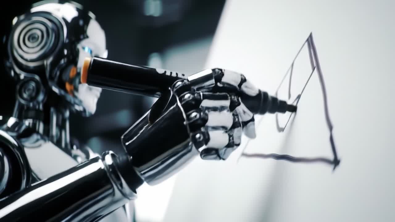 A Futuristic Robot Artist Engaged in Creating Intricate Line Drawings with a High-Tech Stylus on a Blank Canvas, Showcasing Advanced Artistic Capabilities