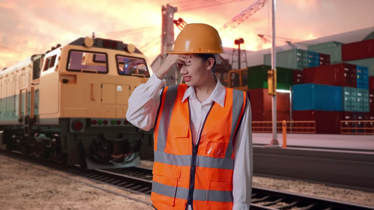 Asian Female Engineer With Safety Helmet Having A Headache While Working With Freight Cargo Train At Port