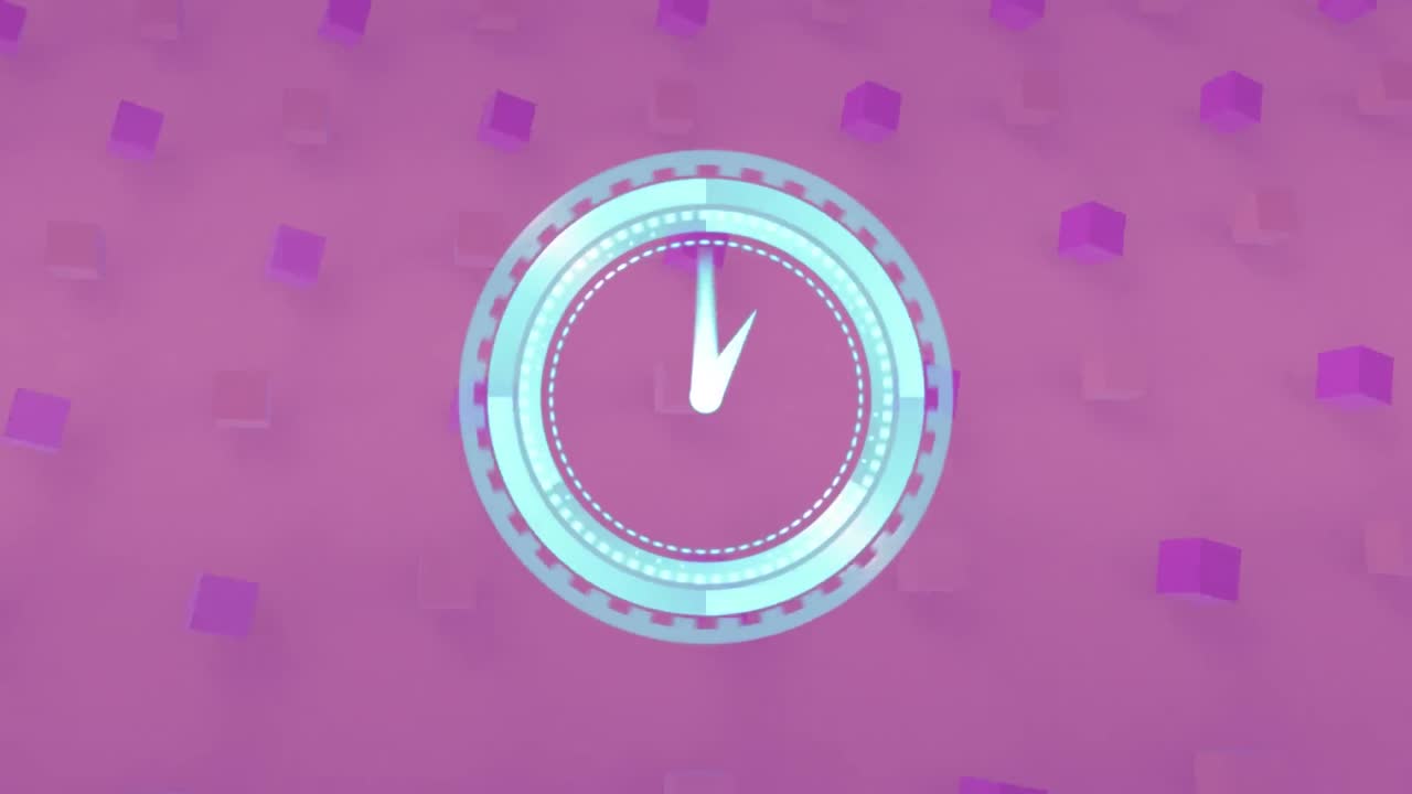 Animation of clock moving fast over rows of pink and purple cubes on purple background