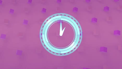 animación de un reloj moviéndose rápidamente sobre filas de cubos rosados y púrpuras sobre un fondo púrpura