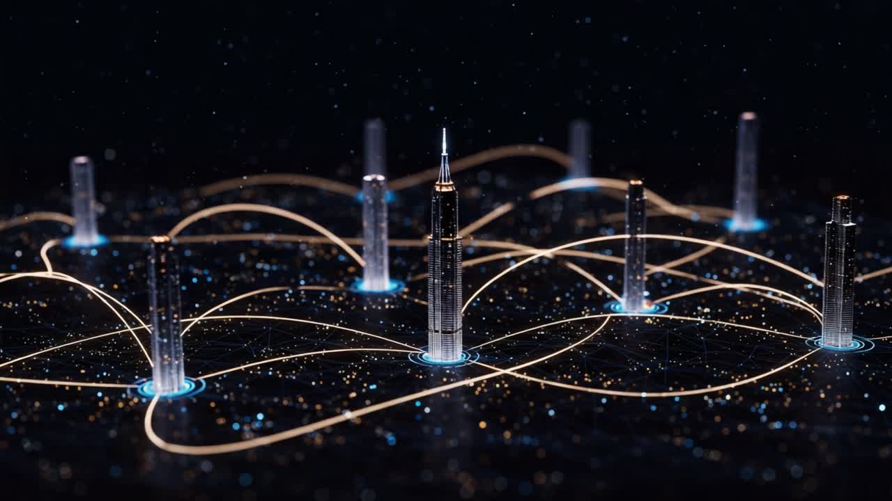 A Futuristic Network of Towers Connected by Glowing Lines, Representing a Digital Landscape of Data Flow and System Interconnectivity