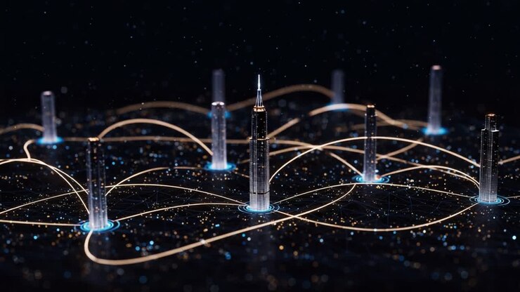 Ein futuristisches Netzwerk aus Türmen, die durch leuchtende Linien verbunden sind und eine digitale Landschaft des Datenflusses und der Systemvernetzung darstellen