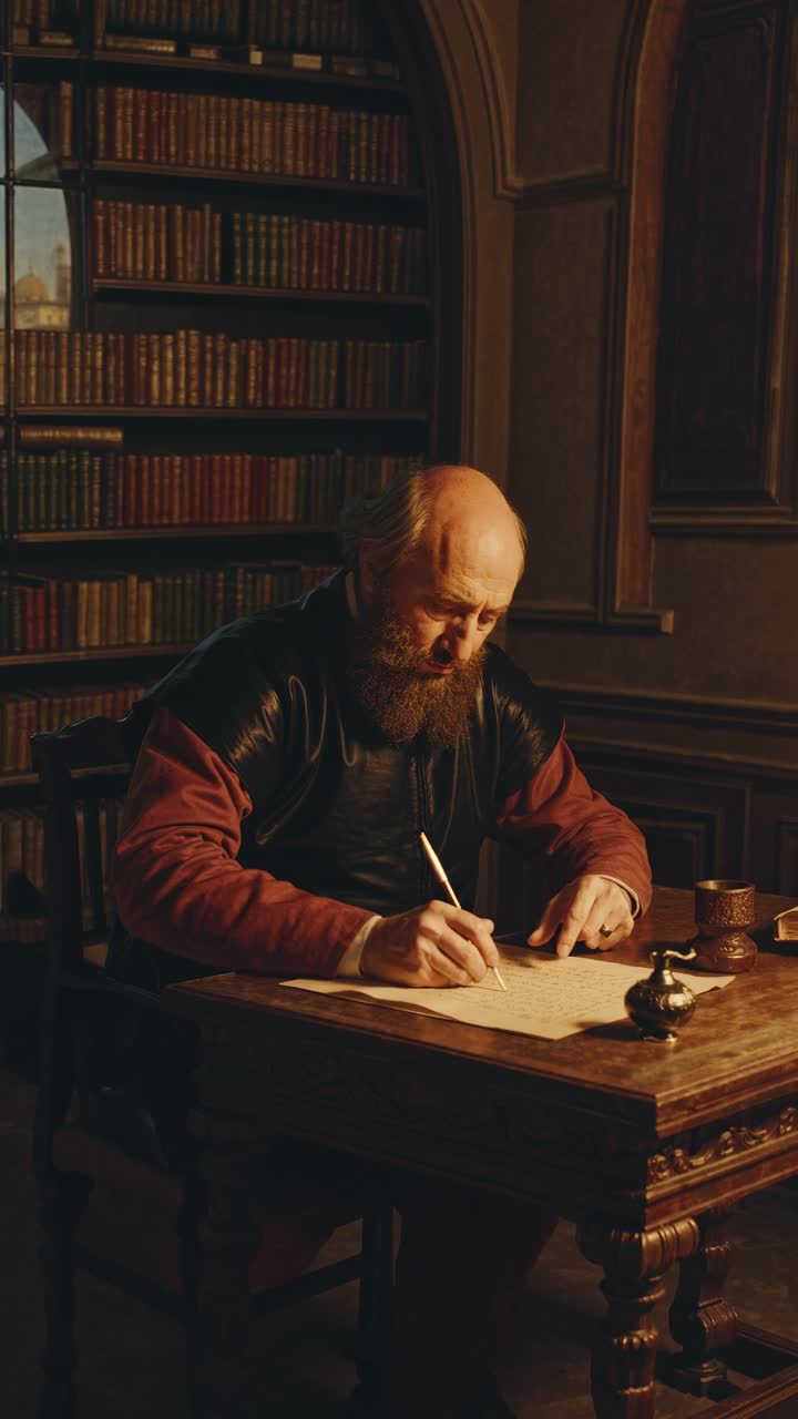Bearded Scholar Writing with a Quill at a Desk in an Old Library