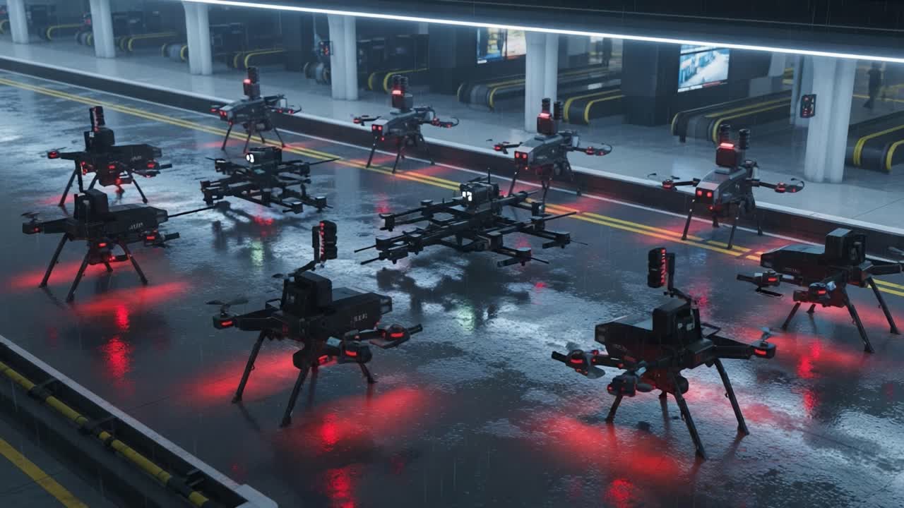 A fleet of advanced surveillance drones equipped with high-tech sensors and bright LED lights is stationed in a dimly lit, rain-soaked transport hub, ready for deployment.