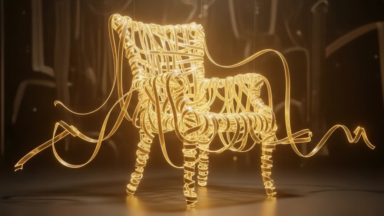Illuminated Artistic Chair Design Crafted from Spiraled Ribbons and Light, Showcasing Unique Style in Contemporary Interior Decor