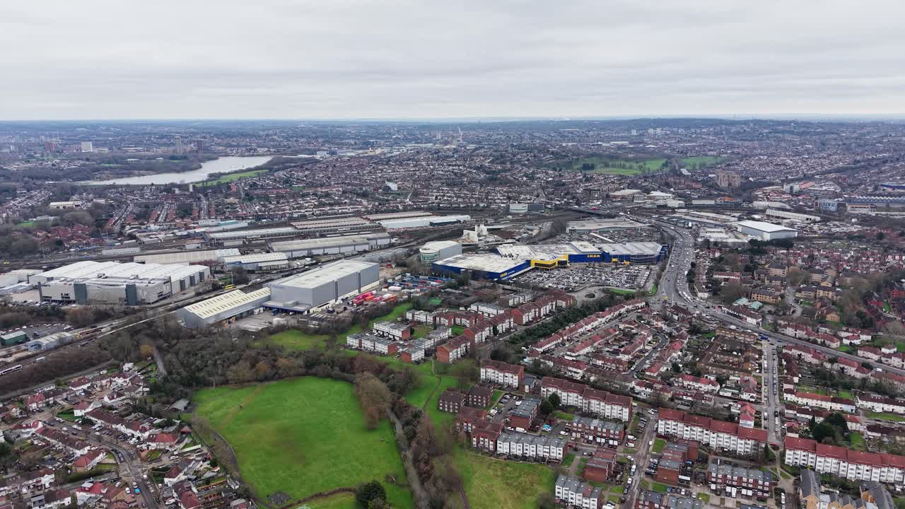 Aerial view over downtown Wembley city suburbs renovation development cityscape