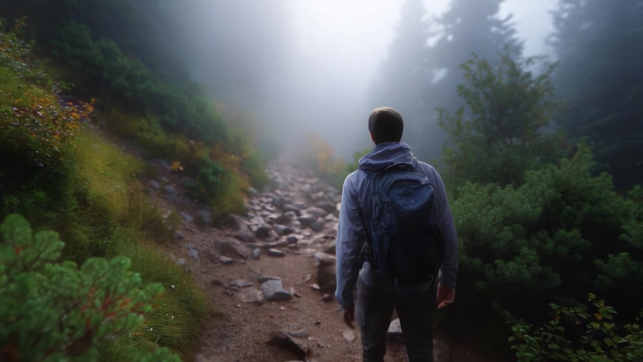 A solitary figure explores a winding, rocky path through a mystical fog-laden forest, surrounded by lush greenery and vibrant foliage in a serene landscape.