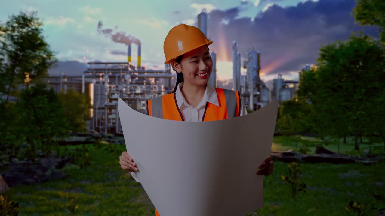 Asian Female Engineer With Safety Helmet Looking At Blueprint In Her Hands And Looking Around While Standing In Front Of Oil Refinery