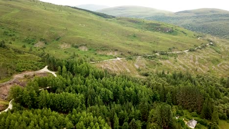 Wald-Auf-Schottischem-Hügel.-Antenne-Nach-Vorne-Nach-Unten-Kippen