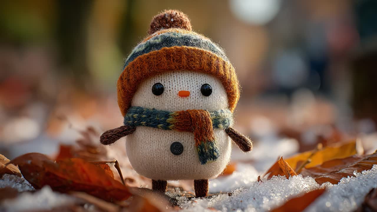 A Charming Little Snowman Doll Dressed in Cozy Autumn Attire, Surrounded by Colorful Leaves and Snow, Perfect for a Festive Winter Scene