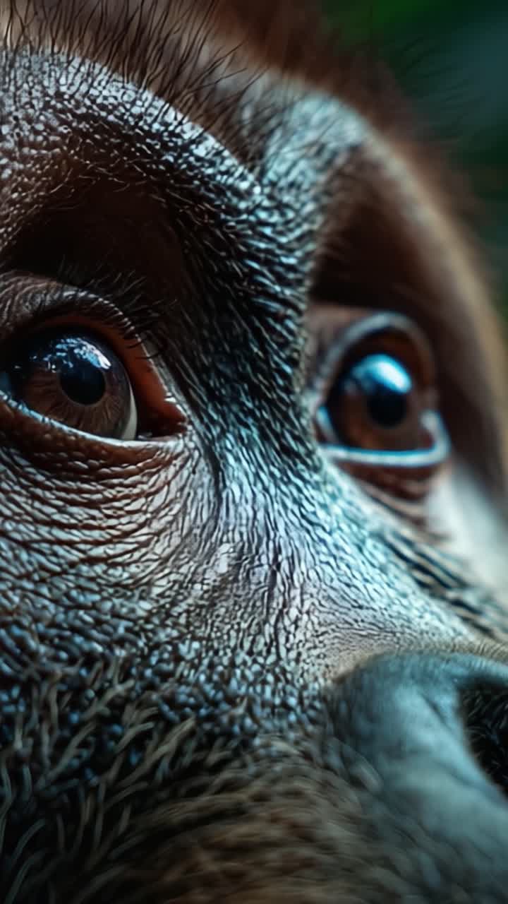 Primo piano degli occhi di un orangutan: Una straordinaria dimostrazione delle complessità della natura catturata con dettagli mozzafiato, che mostra l'espressività e la profondità di un'icona della fauna selvatica.