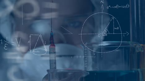 animación de fórmulas matemáticas sobre el científico en el laboratorio