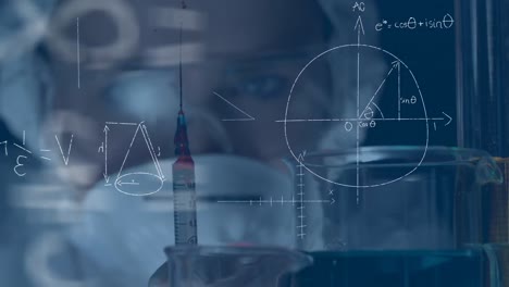 animation of mathematical formulas over scientist in laboratory