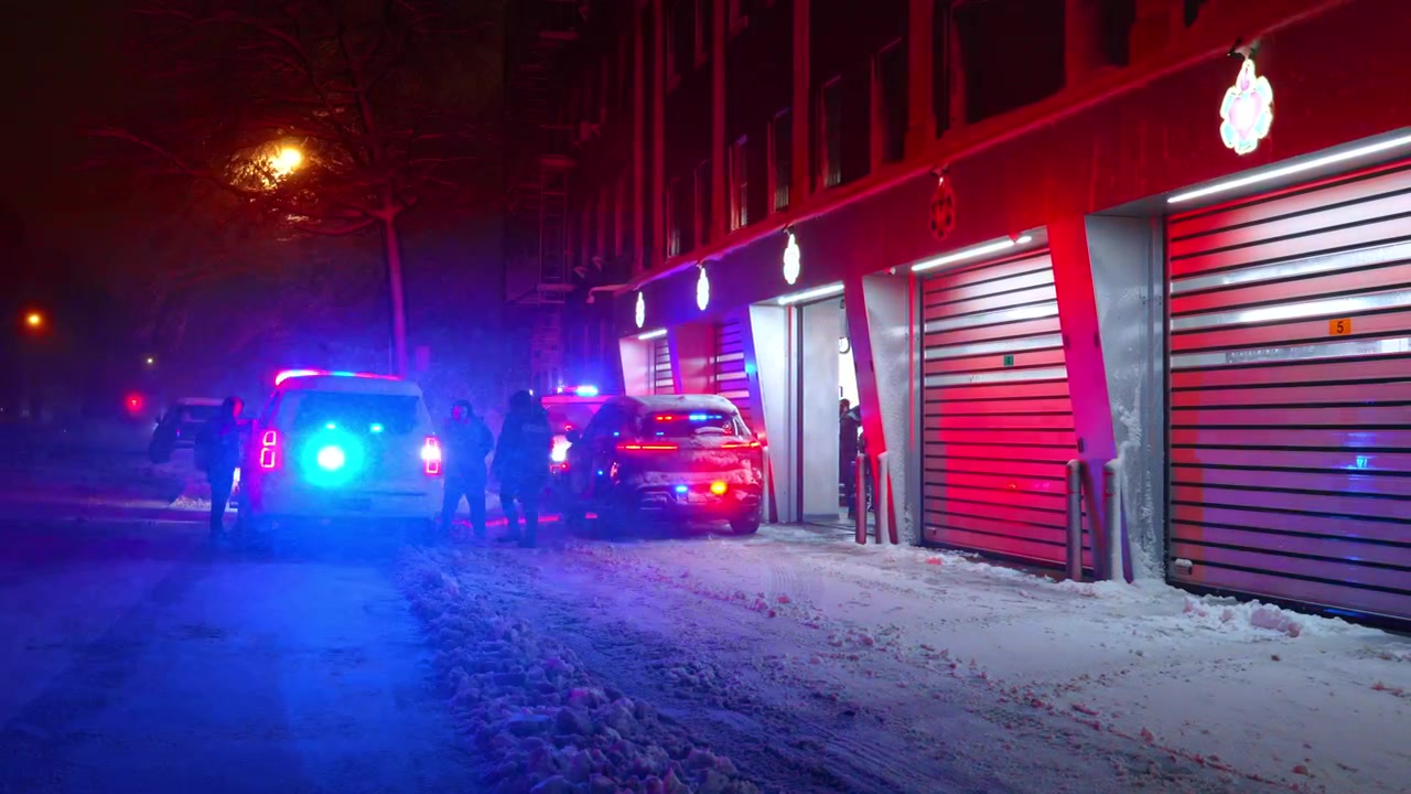 New York, USA, 20 February 2026: White emergency SUV and blue lights in front of garage. Emergency response vehicles parked outside a building with glowing blue and white lights