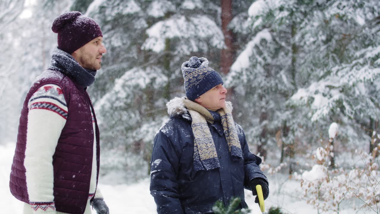 un hombre mayor con un hijo adulto encontró el árbol de navidad perfecto.