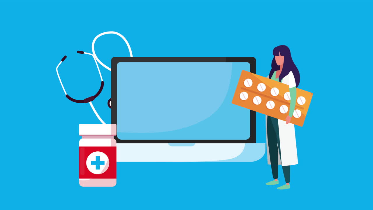 노트북과 의사와 함께 온라인 건강 기술