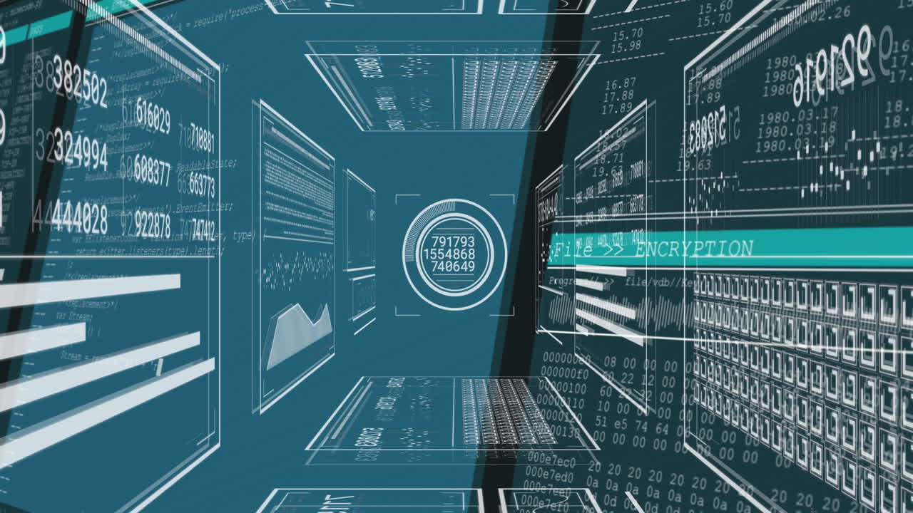 Animation of data processing and graphs on black background