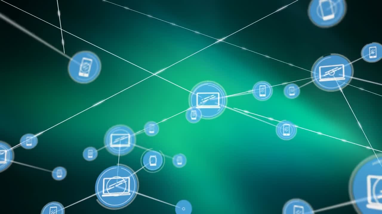 animación de la red de conexiones con iconos sobre fondo verde