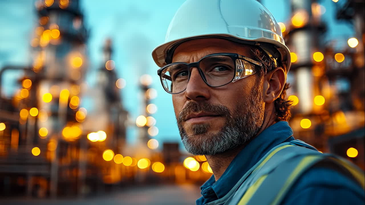Industriarbejder på et raffinaderi. En seriøs industriarbejder står selvsikkert på et raffinaderi under solnedgangen med glødende lys i baggrunden