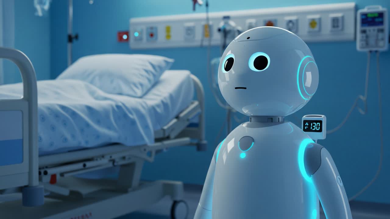A Humanoid Robot in a Hospital Room, Standing Next to a Medical Bed, Showcasing Advanced Technology in Healthcare and Its Interaction with Patients