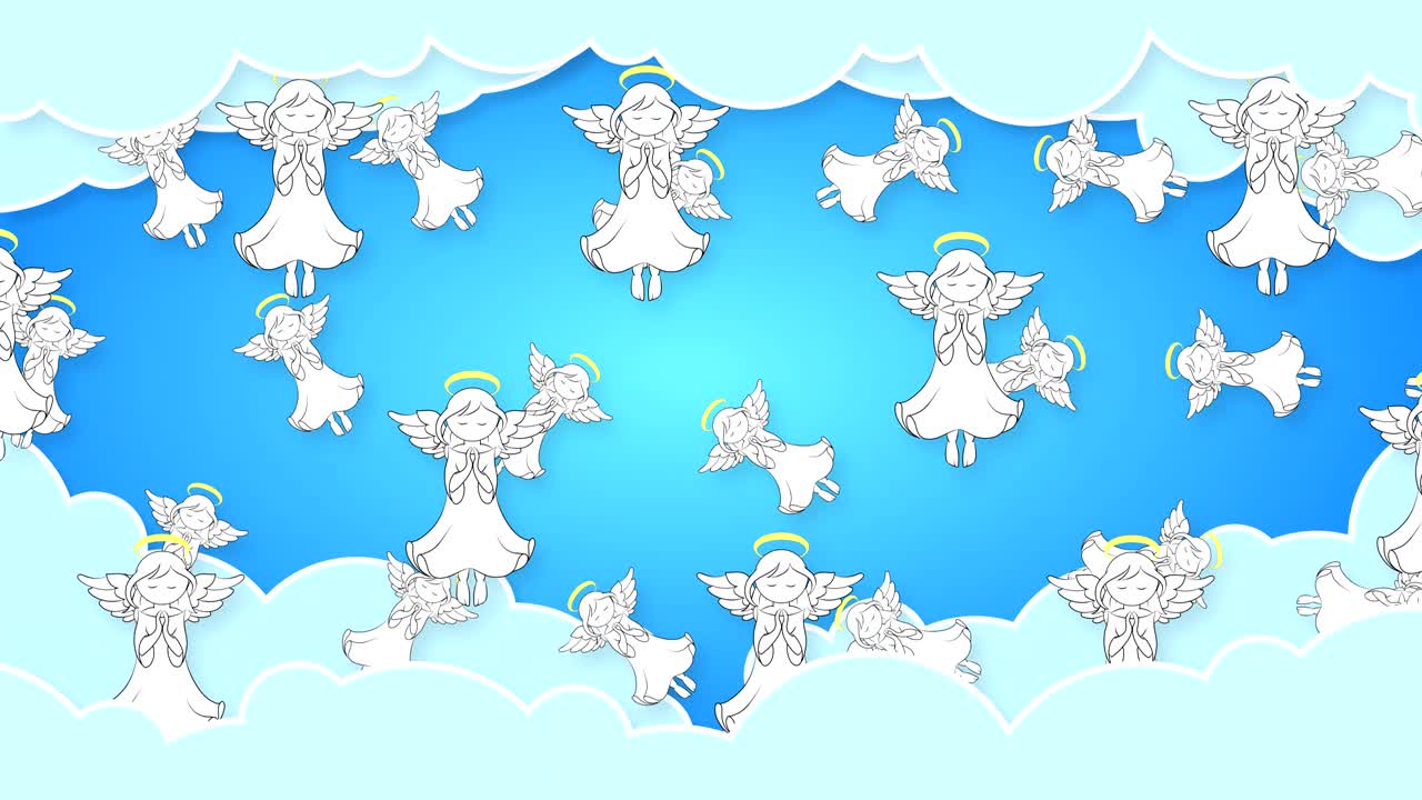 날개를 가진 천사들이 구름 속에서 날아다닙니다.