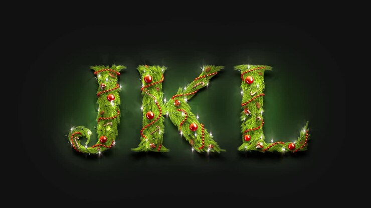 Lettere decorative J K L, mockup di carattere natalizio nell'oscurità