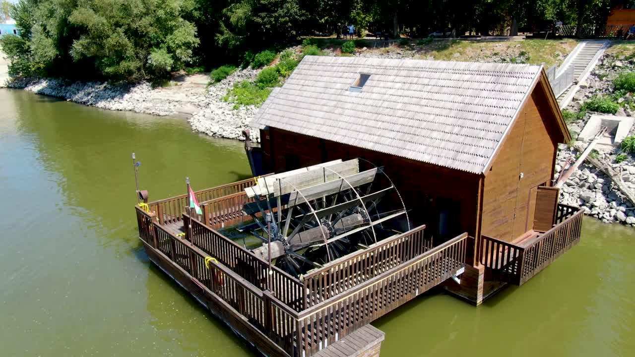 Aerial arc around ship mill, or boat mill on the Danube River, in Baja, Hungary.