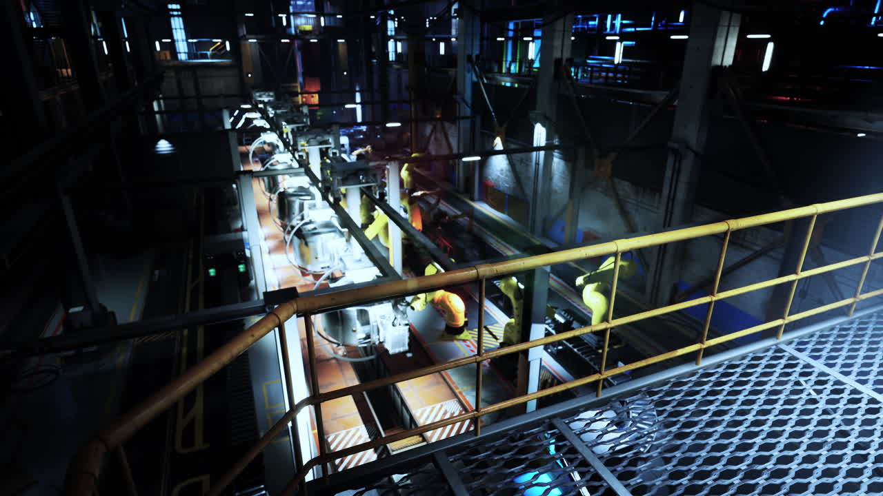 Factory conveyor system assembling machinery in an industrial setting