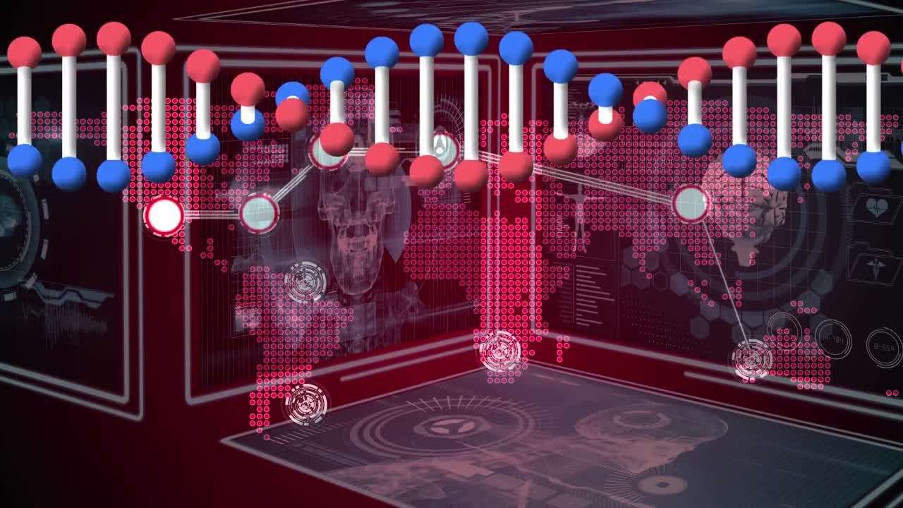네트워크  ⁇ 은 세계 지도와 데이터 처리와의 인터페이스에서 회전하는 dna 가닥의 애니메이션
