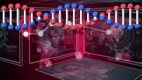 Animation-of-dna-strand-rotating-over-interface-with-network-red-world-map-and-data-processing