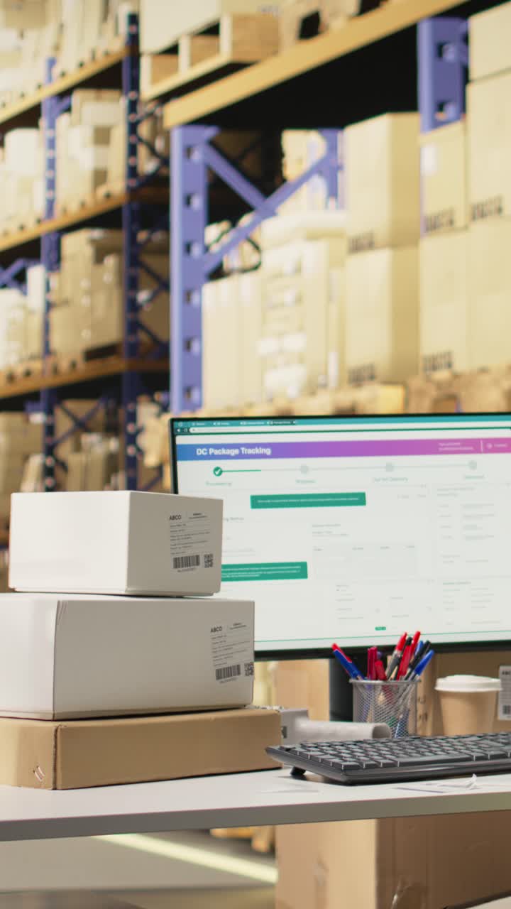 Vertical Video African american man using scanner to process barcode and stick shipping labels