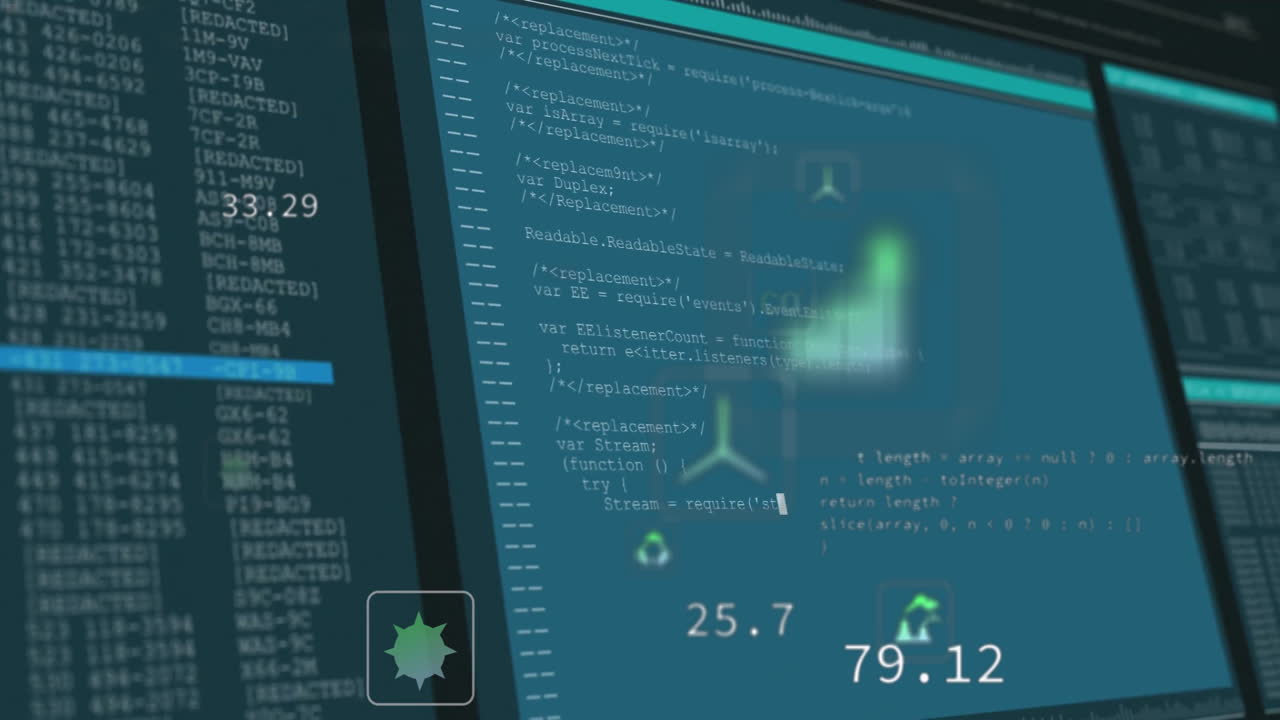 Animation of programming code and numerical data analysis on computer screen