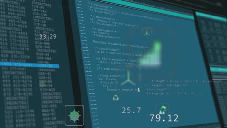 animation of programming code and numerical data analysis on computer screen