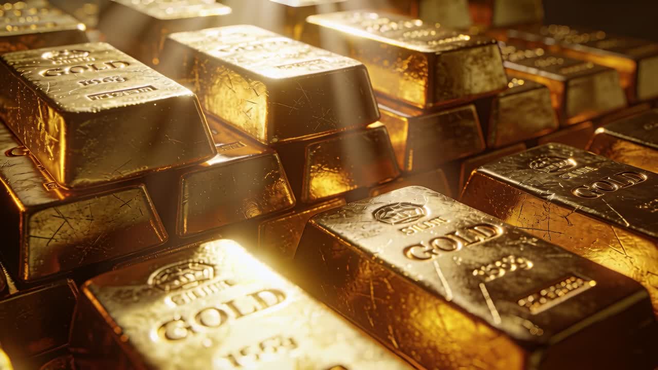 La telecamera si ritira, rivelando lingotti d'oro stampati sotto fasci di luce mutevoli, presentando la finanza.