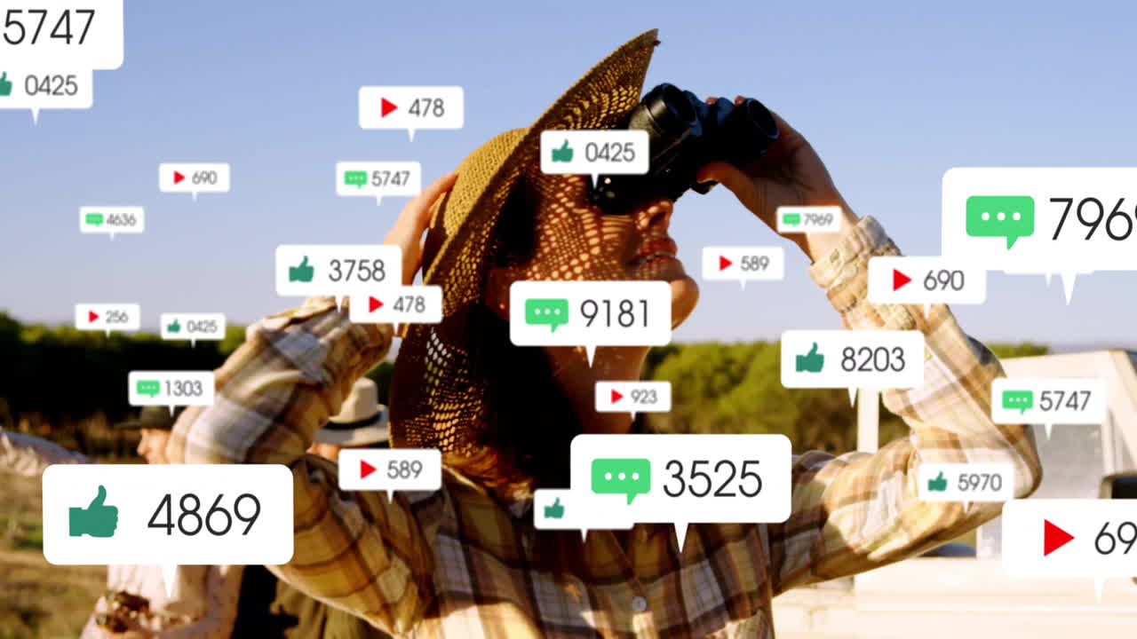 Mid-adult woman holding binoculars with team on deck, showing floating bubbles for marketing