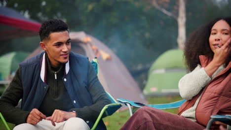 friends, fire and talking outdoor while camping
