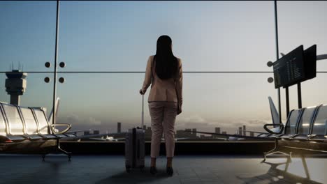 full body back view of asian businesswoman with rolling suitcase waits for flight in boarding lounge of airline hub, waiting room in airport terminal, airplane takes off outside the window