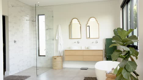 modern bathroom with glass shower, double sinks, and large bathtub