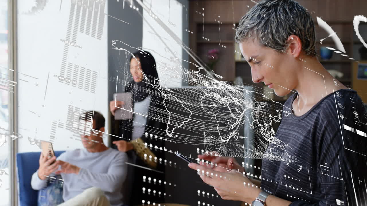 Animation of data processing over diverse business people in office