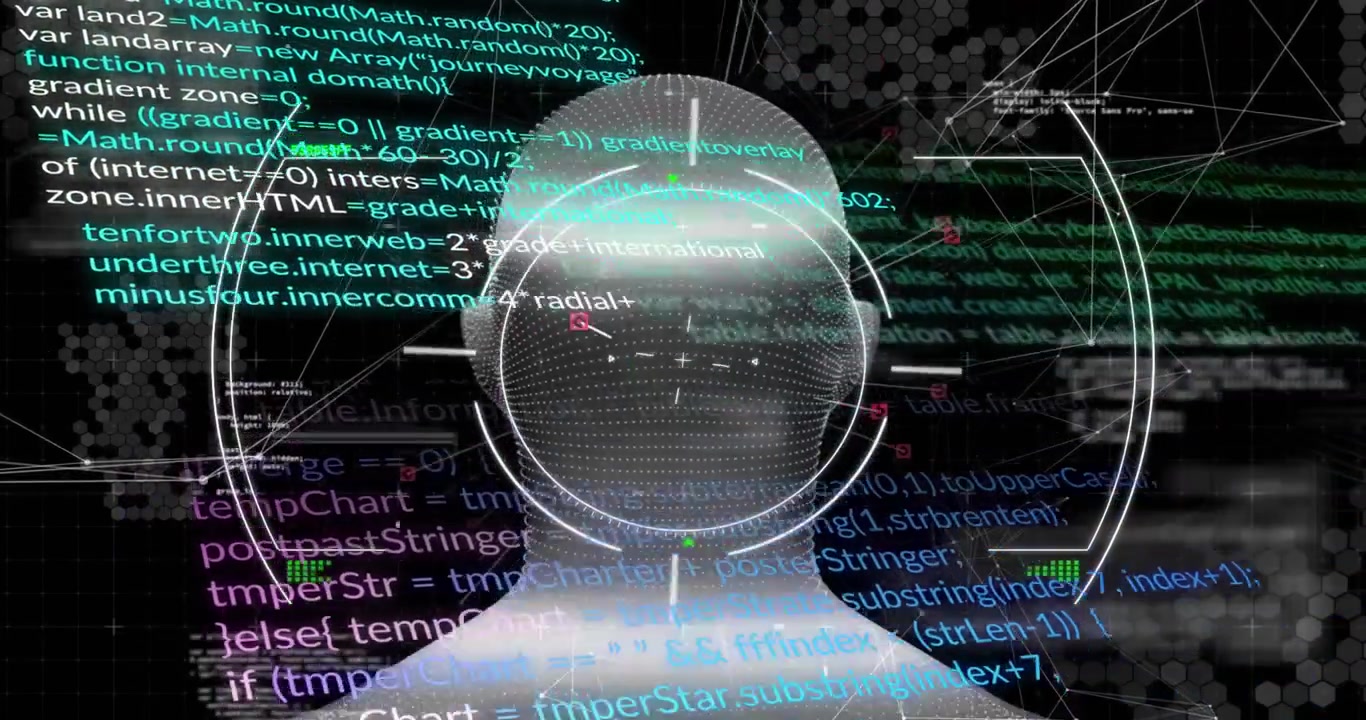 Animation of data processing and network of connections over digital human head on black background
