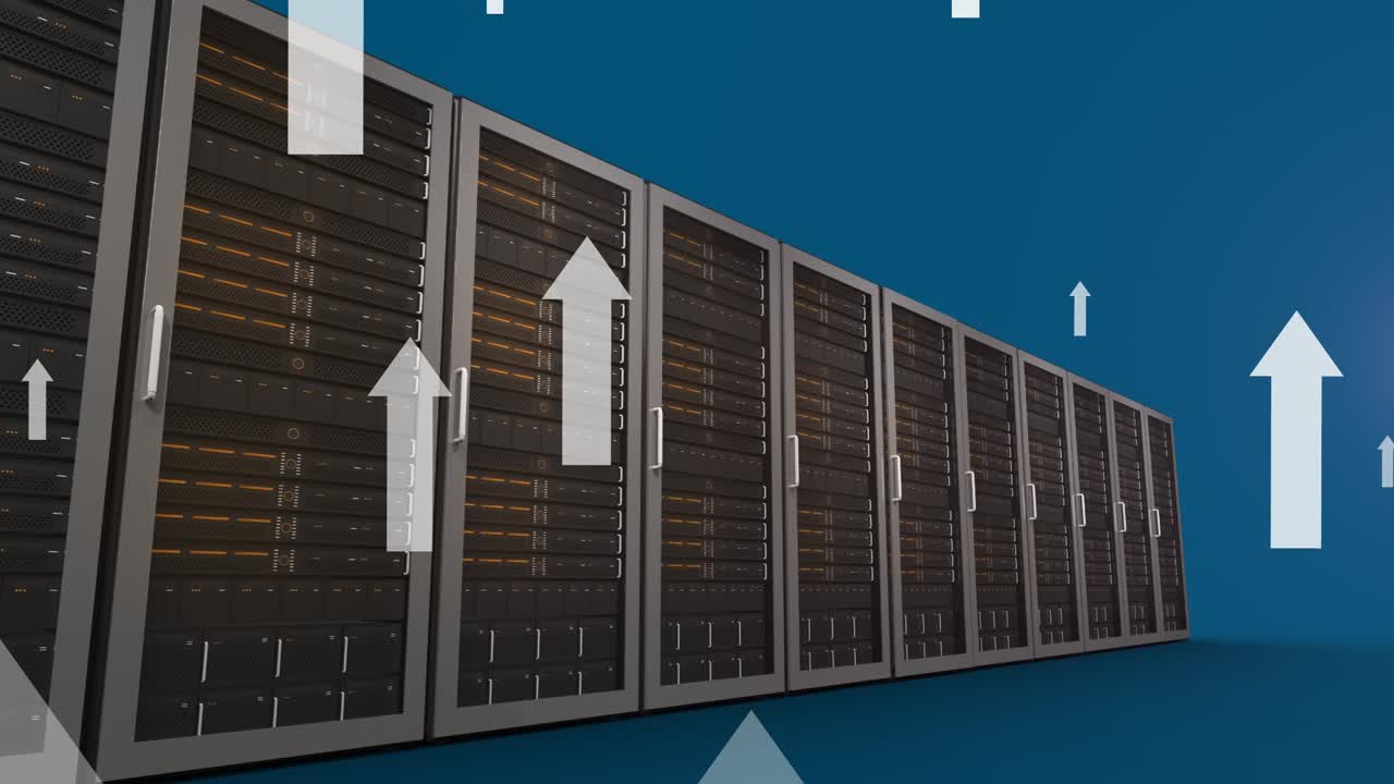 Animation of white arrows pointing up over servers