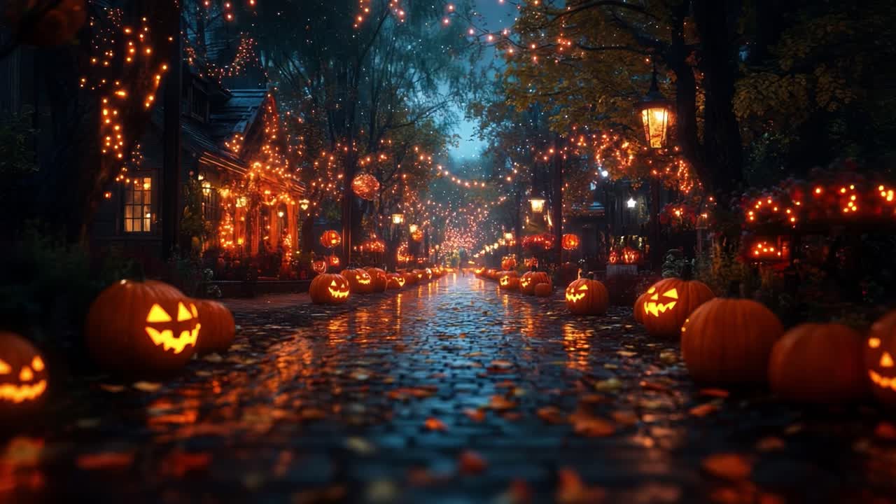 Halloween Street Scene with Pumpkins and Lights
