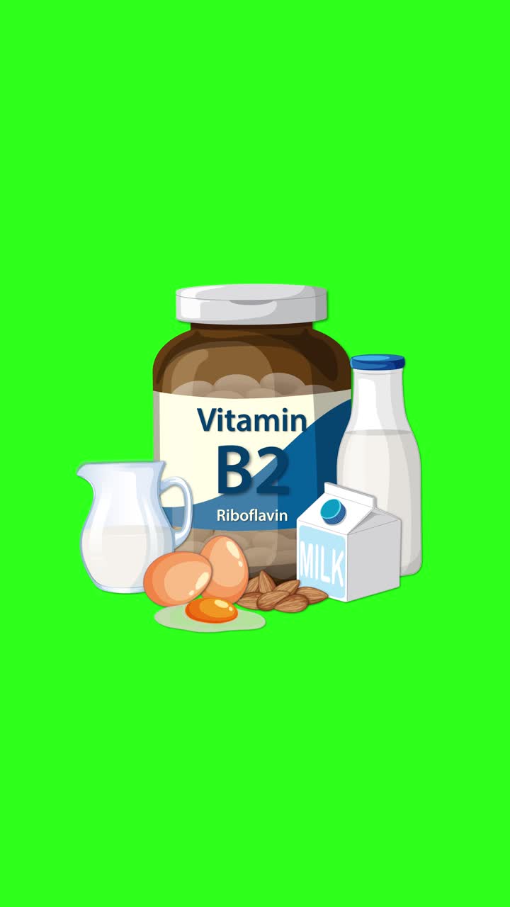 Una bottiglia di Vitamina B2 con uova, latte e noci appare su uno sfondo verde brillante, con transizioni fluide.