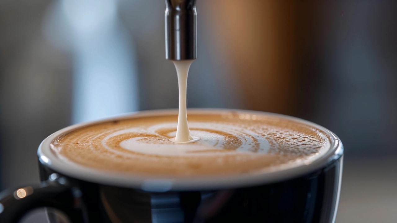 Ugello metallico gocciolante che forma una goccia, la gravità la trasforma in un flusso, creando latte art su una tazza in un caffè.
