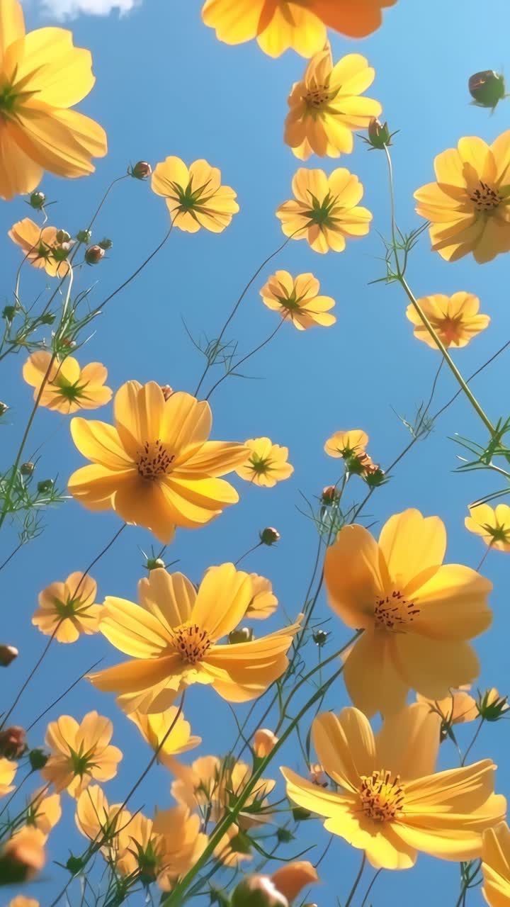 Fiori gialli vivaci ripresi da un'angolazione bassa contro un cielo azzurro limpido, creando una scena dinamica
