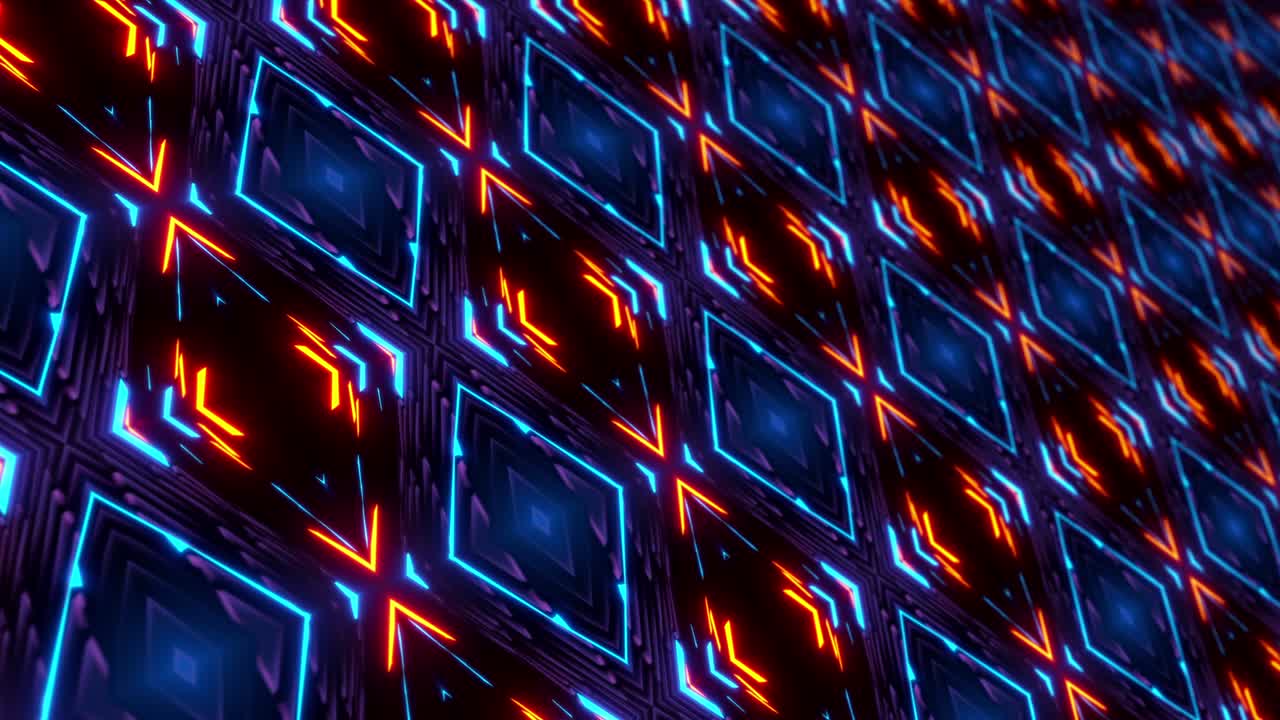 moving abstract futuristic technology led display wall panel concept background. 4k 3d rendering seamless loop azul naranja rojo colores neón arte digital de alta tecnología movimiento, telón de fondo generado por computadora.
