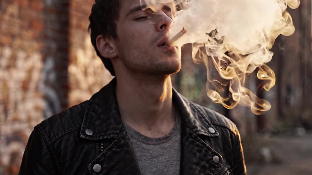 Un retrato urbano crudo de un joven con chaqueta de cuero, sumido en sus pensamientos mientras sostiene un cigarrillo en un ambiente urbano y ahumado.