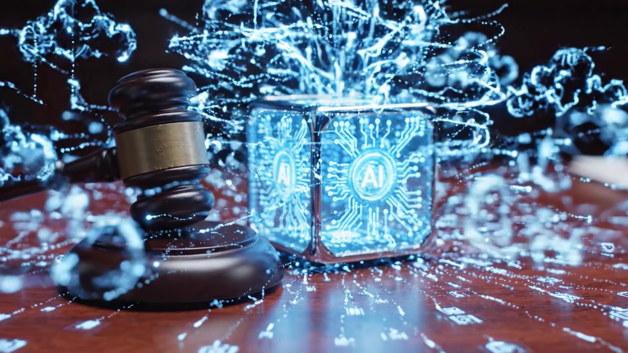 A Symbolic Representation of Justice and Technology: A Gavel Next to a Futuristic AI Cube Surrounded by Data Clouds Signifying Digital Transformation