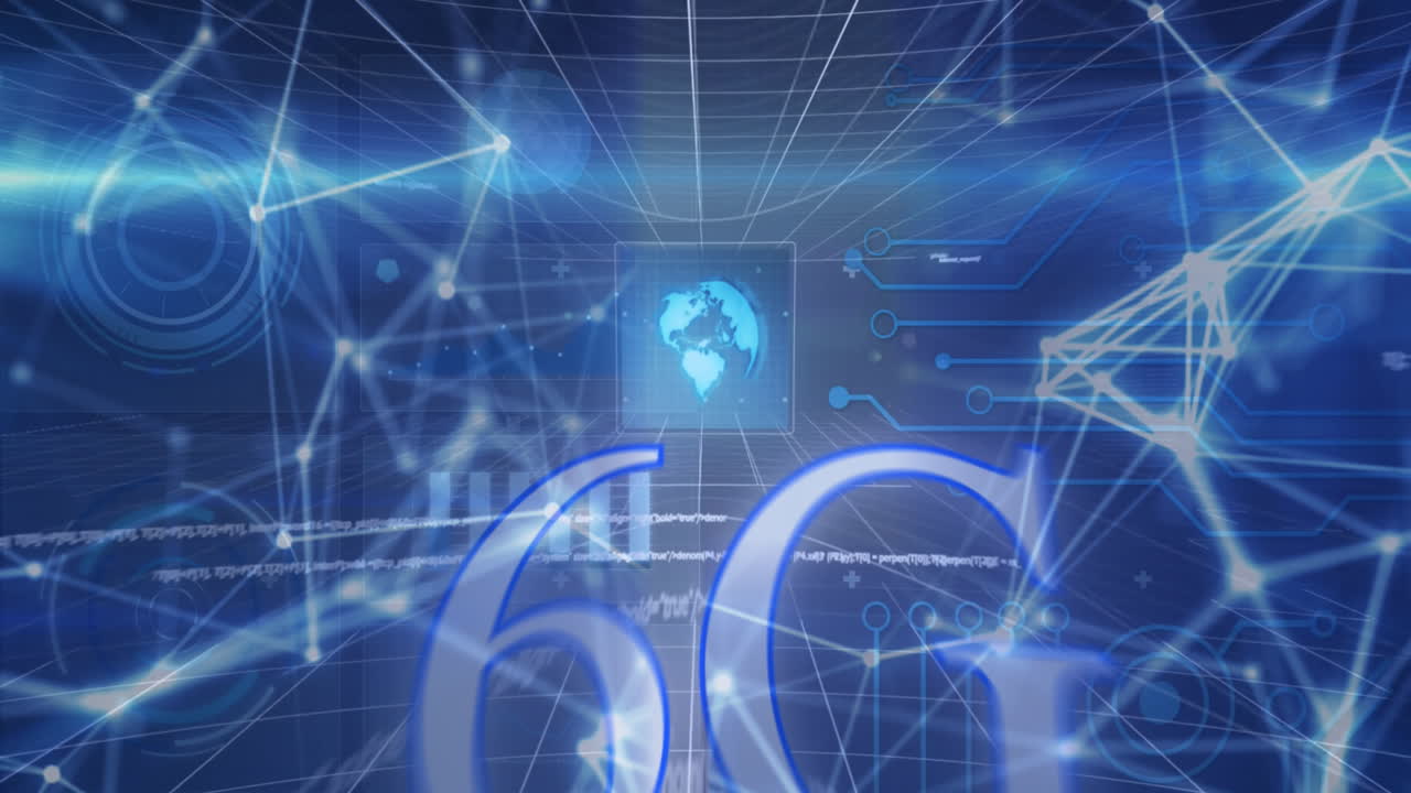 지구의 애니메이션, 그래프, 컴퓨터 언어, 라인으로 연결된 점 위의 로딩 서클