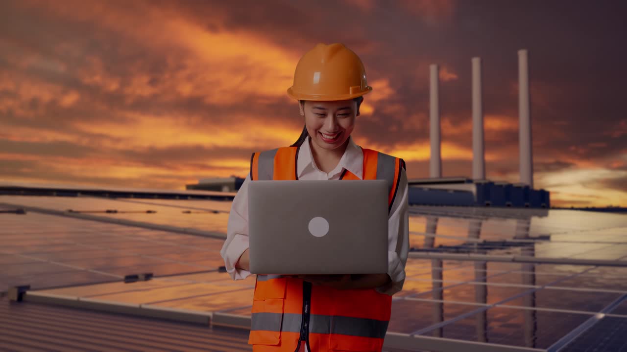 Asian Female Engineer With Safety Helmet Working On A Laptop While Standing, Inspecting Solar Panels on Rooftop at Sunset